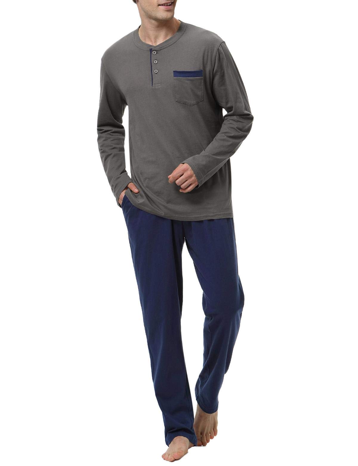 Men's Pajama Set Cotton Long-Sleeve Henley Top Pants Pjs Sleepwear
