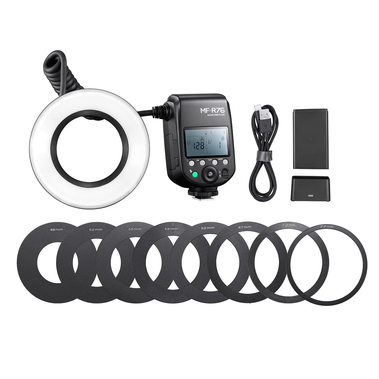 Godox MF-R76 Macro Ring Flash GN14 10 Niveaux Luminosité Réglable 8 Anneaux Adaptateurs Canon Nikon Sony Fuji Olympus Panasonic Pentax