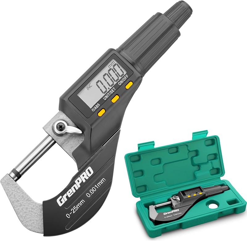 GRENPRO Herramienta de medición de micrómetro digital, medidor de espesor de precisión profesional en pulgadas/métrico, bricolaje y uso doméstico, micrómetros de precisión de 0,00005"/0,001 mm, funda protectora con batería adicional