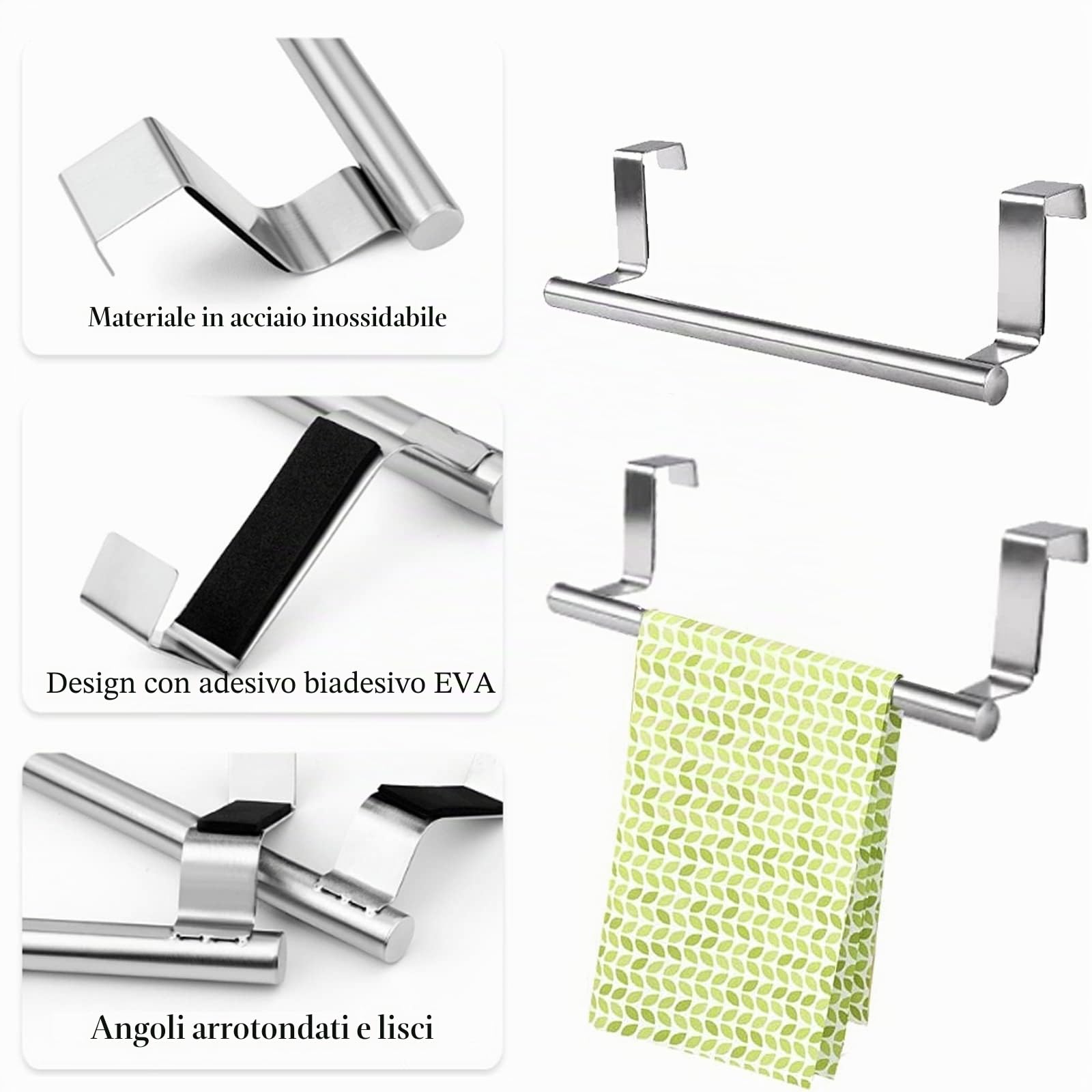 Porta Salviette per Armadio Della Cucina, Appendi Strofinacci in Acciaio Inossidabile, Appendere Alle Anta, Senza forare, per Cucina e Bagno, Argento, 2 Pezzi