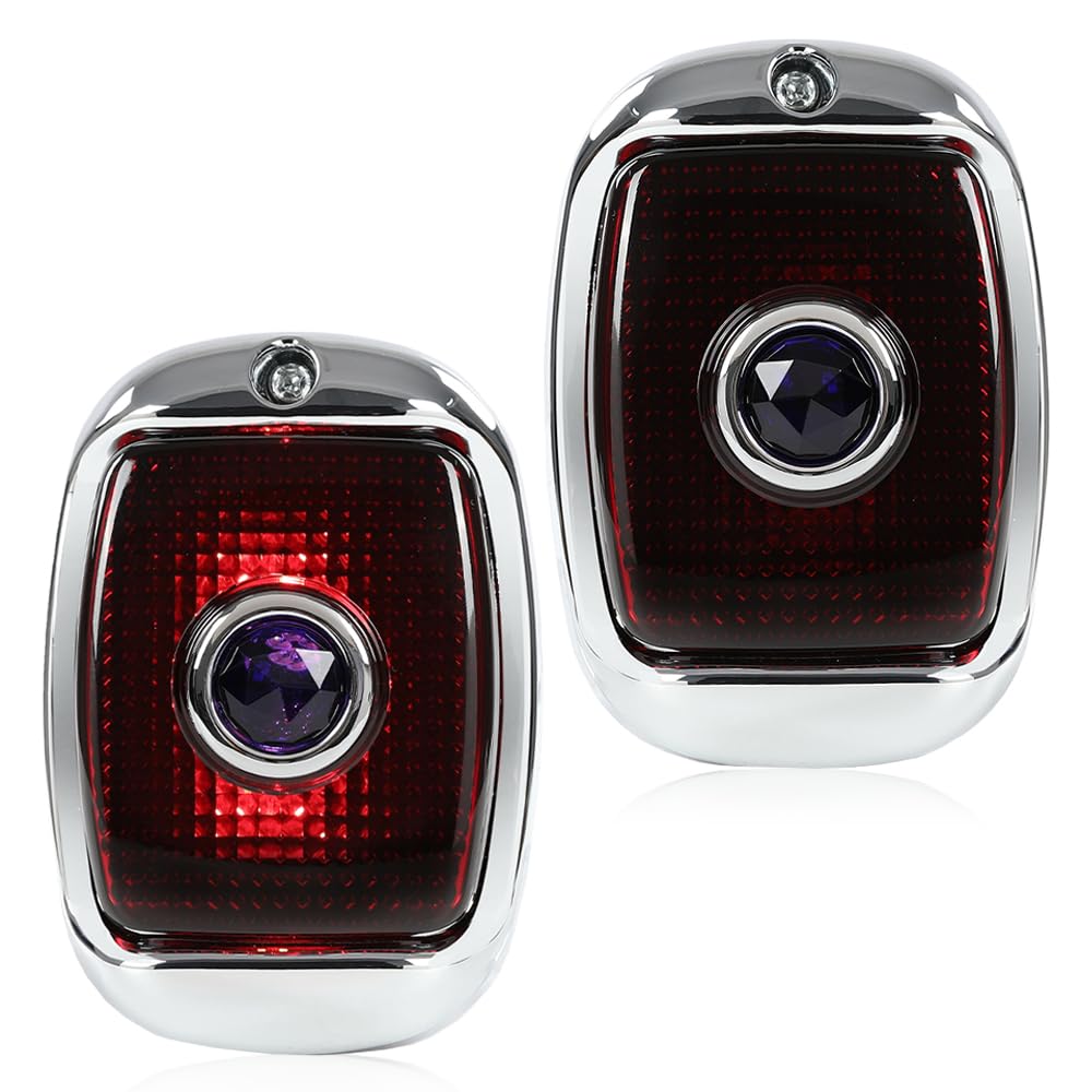 CHEDA Rear Dot Tail Lamps Assembly Right Pair Black Housing W/Chrome Rim; Red Polycarbonate Lens W/Blue Jewel Compatible With Chevy GMC Truck 1940-