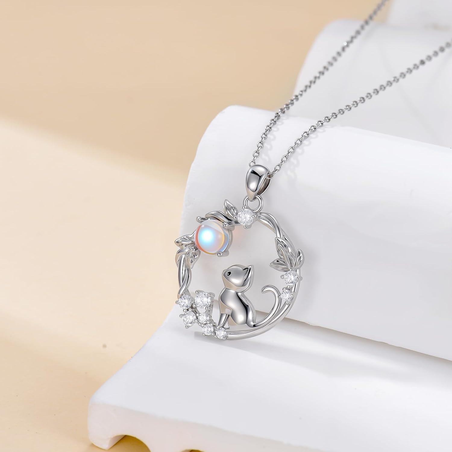 Moonstone Cat Necklace for Women 925 Sterling Silver Cat Moon Pendant Necklace Cute Animal Jewelry Gifts for Mom Daughter Girlfriend - Image 2