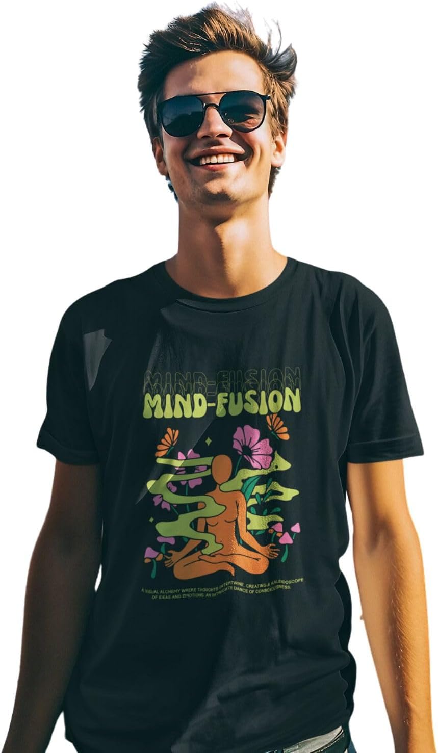 YOUWE FASHION ; Let's Customize!YouWe Fashion Men's Black Mind Fusion Half Sleeve Tee - Round Neck, Cotton Fabric, DTF Printing Technology - Perfect for Keep Calm, Mind Fusion, Relax Vibes