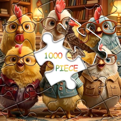 Rompecabezas de pollos divertidos para adultos, 1000 piezas, rompecabezas jigsaw con gafas, rompecabezas de animales tiernos, rompecabezas difícil e imposible para adultos miniatura 6