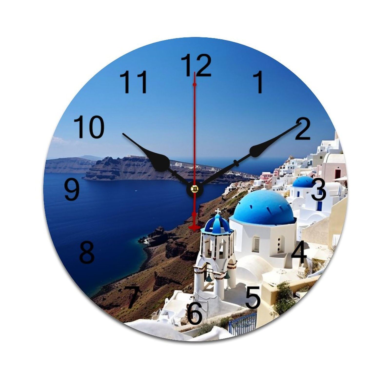 KOAYUBFC Wall Clock Santorini Greek Island Sea View Battery Operated Wall Clocks PVC Silent Non-Ticking Round Wall Clock for Living Room Kitchen Home Office Wall Decorative Clock