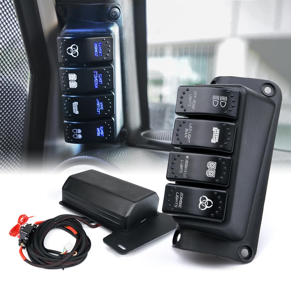 Xprite Left Side A-Pillar 4-Switch Panel Pod Distribution Control System with Blue Backlight and Relay Box, Rocker Switch Panel Kit Compatible with 2007-2018 Wrangler JK JKU