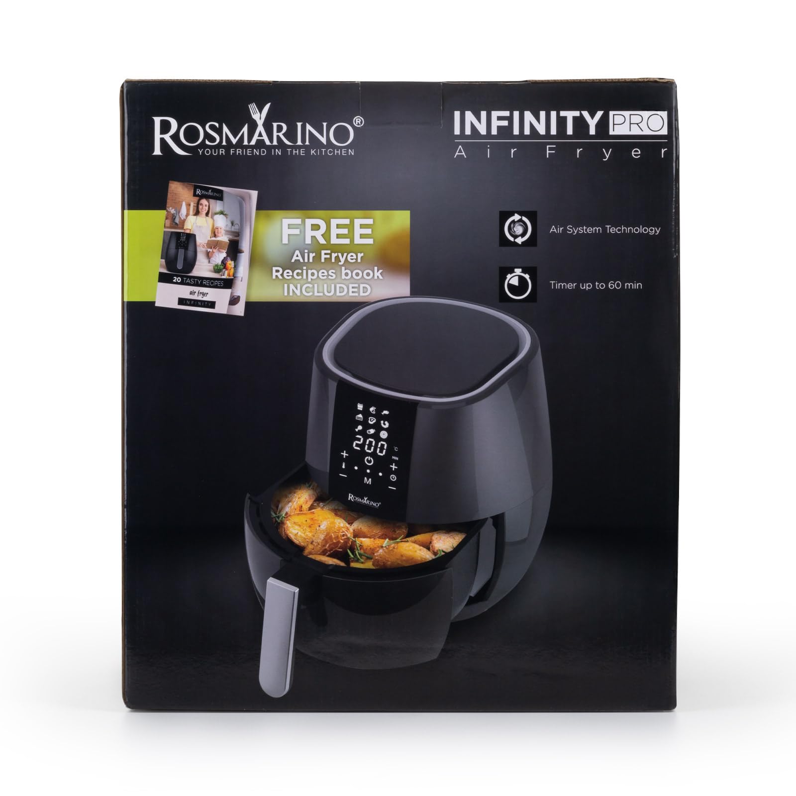 ROSMARINO Frytkownica beztłuszczowa, 3,5 l, XL, Air Fryer z cyfrowym ekranem dotykowym LED, 9 programów, podgrzewanie wstępne i utrzymywanie ciepła, tryb shake, 100 przepisów po niemiecku, 1500 W