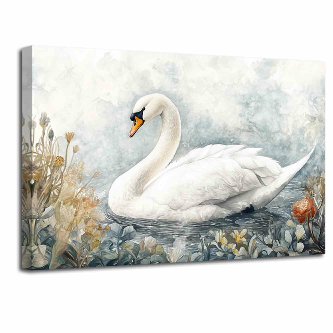 – LZIMU Swan Canvas Wall Art White Swan on Lake Pictures Prints Vintage Elegant Animal Paintings Rustic Birds Poster Artwork Living Room Bedroom Bathroom Decor (Gray, (30L x 45W cm))