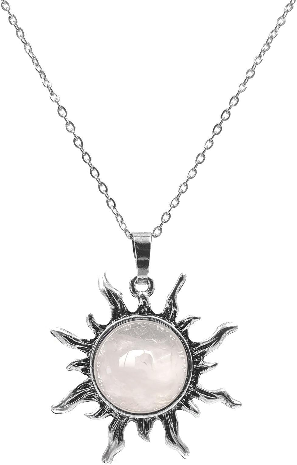 Natural Stone Necklace for Women, Genuine Crystal with Stainless Steel Chain for Men, Boho Sun Pendant Healing Spiritual Jewelry