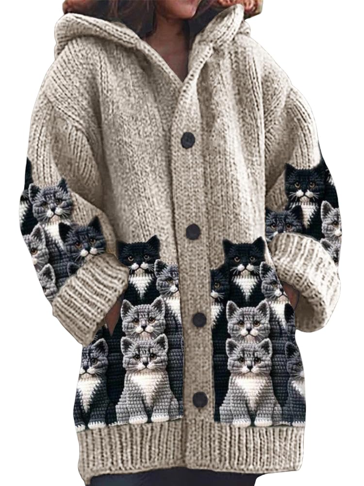 Womens Beige Black White Cat Print Hooded Cardigan Oversized Knit Button Front Fall Sweater for Women