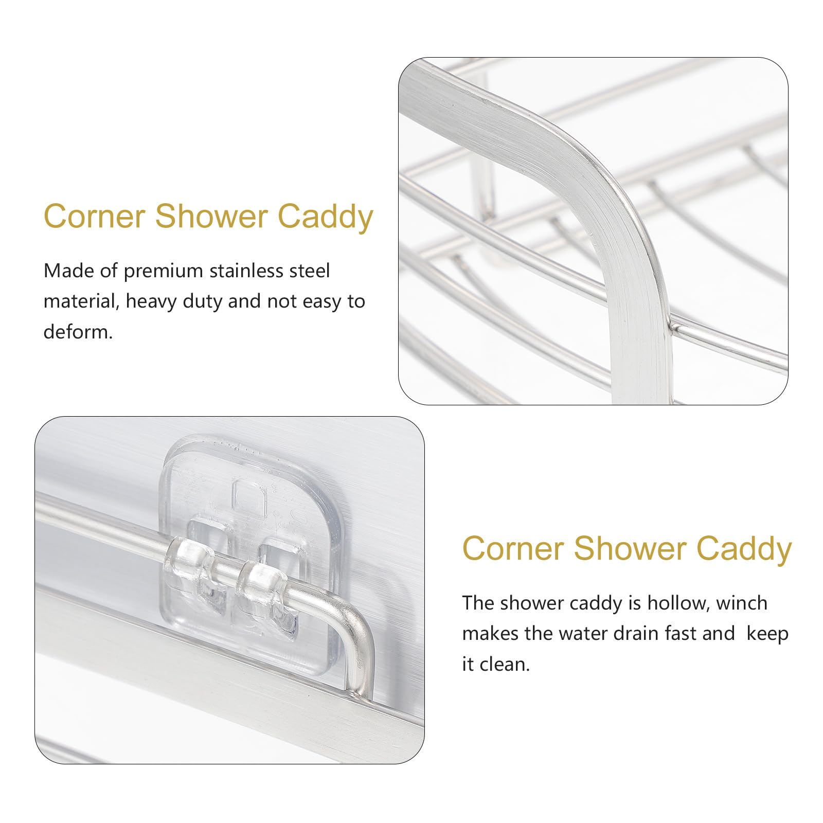 SHINEOFI Estante de Ducha Esquinero de Acero Inoxidable 304, Pequeño 20 Cm con Barra Alta, Organizador Adhesivo sin Taladro para Baño, Almacenamiento para Champú y Gel, Diseño Drenaje