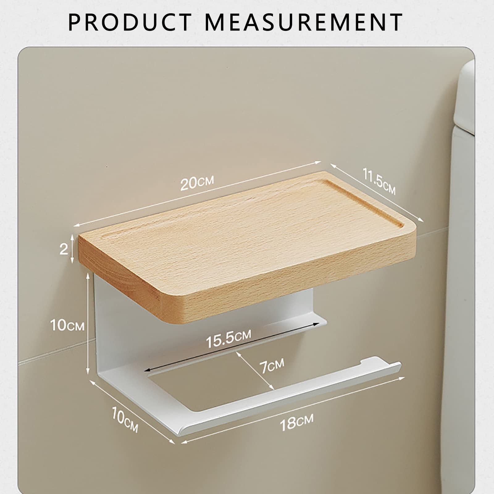 Portarrollos Papel Higienico, Porta Rollos de Papel Higienico Madera, Portarollos Papel Higienico Adhesivo con Espacioso Estante, para Cocina y Baño Multifunción Blanco