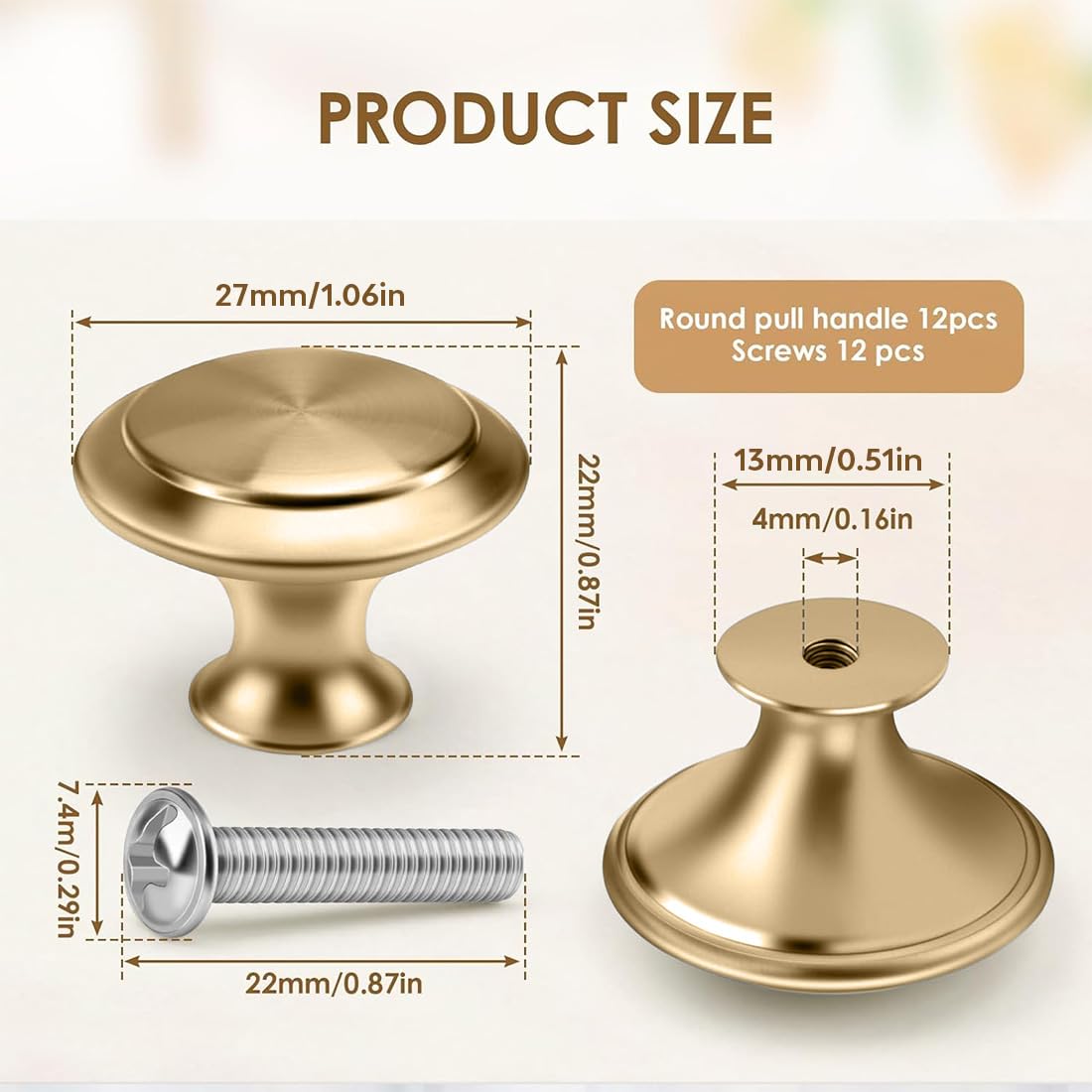 12 Pezzi Pomelli per Mobili Oro con Viti 27mm Rotondo Pomelli Cassetti Stile Maniglie Semplici Monoforo In Metallo per Porte per Finestre Cassetti Armadi Mobili da Cucina Guardaroba (Oro)