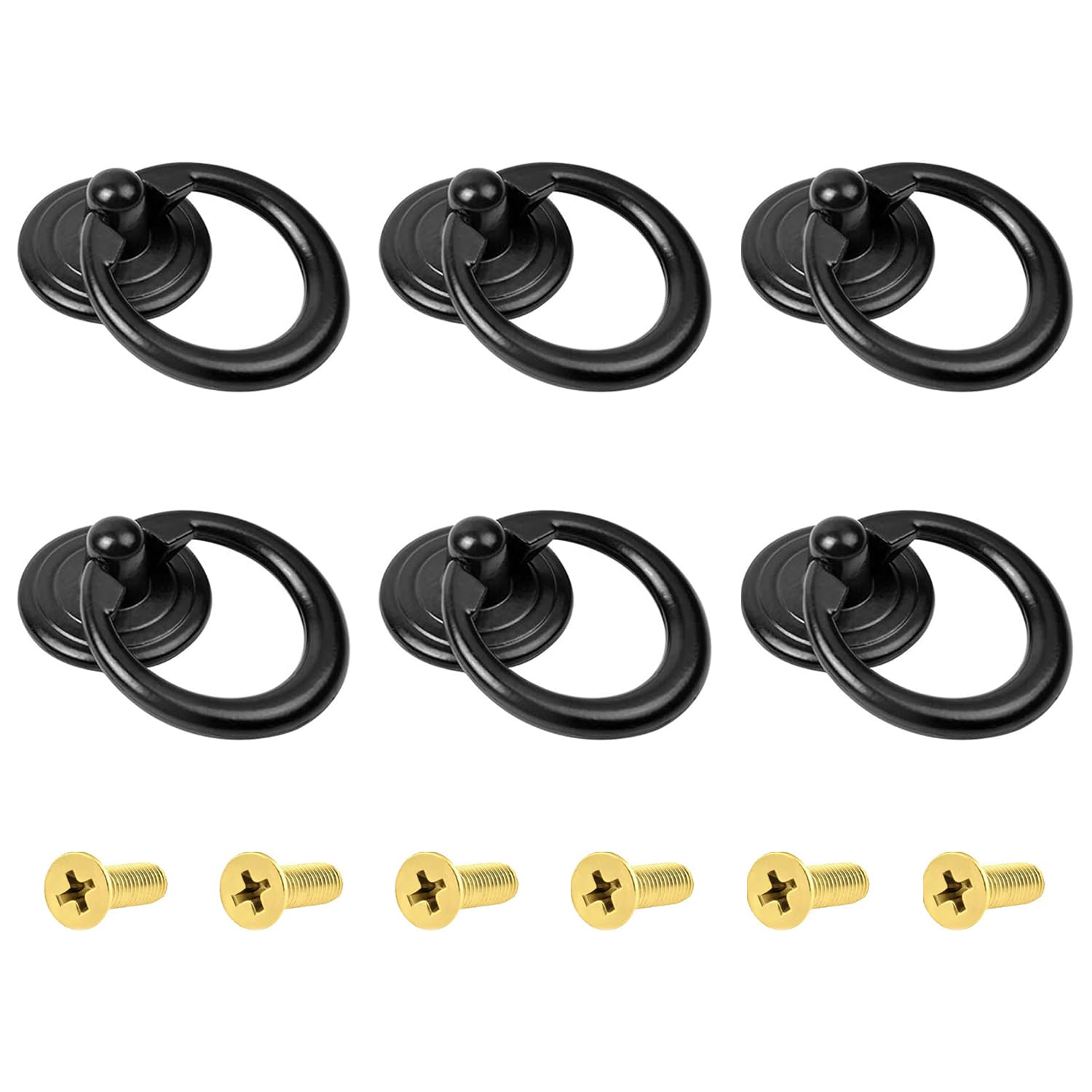 QZKJQDD 6 pcs Drawer Handles and Ring Pull, Vintage Metal Drawer Knobs Pulls Handles Decorative Furniture Door Drawer Handles and Ring Pull with Screws for Cabinet Wardrobe Cupboard Dresser (Black)
