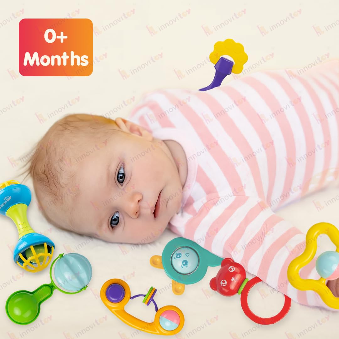 Innovitoy 7 Pcs Premium Baby Rattle & Teether Set | Non-Toxic, Safe Toy Gift Pack for Newborn & Infants 0-12 Months | Soft Sound with Fun Colors 3