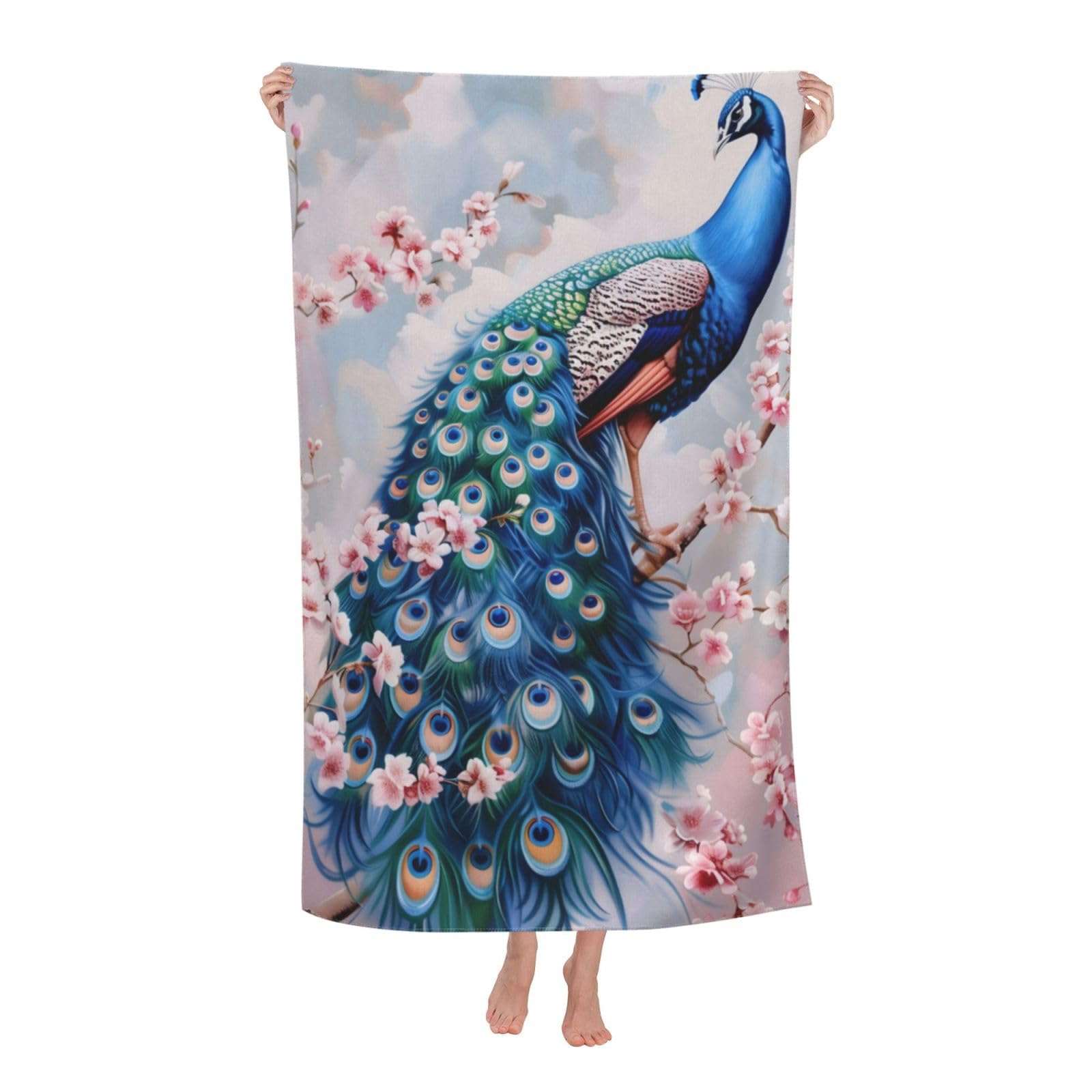 HLBSDM Peacock & Cherry Blossom Beach Towel Microfiber Quick Dry Oversized Sand Proof Lightweight Pool Detailed Art Towel for Women Adults Kids Soft Absorbent Towels for Swim Travel 32×52 in