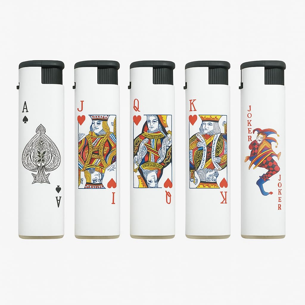 Playing Card Design Lighters – (Pack of 5) – Windproof Refillable Cigarette Lighters with Poker Prints (King, Queen, Joker, Ace, Jack of Hearts) – Stylish Collectible Gift-image-29
