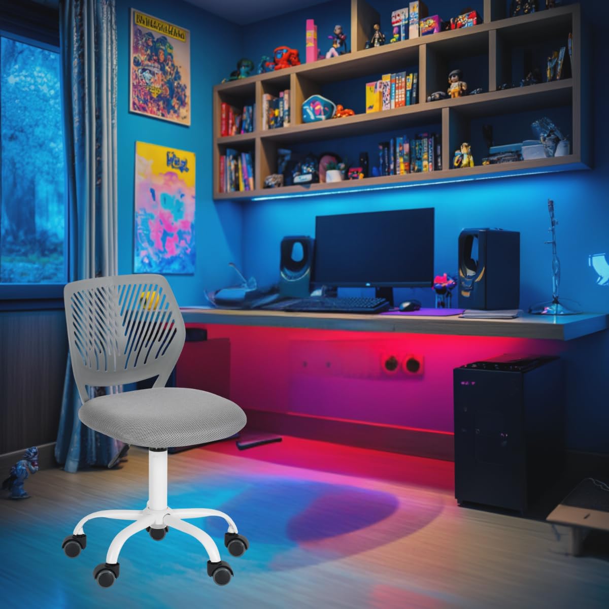 FurnitureR Compact Kids Gaming Chair, Hollow PP Backrest, Adjustable Height, Ergonomic Swivel Sponge Seat, 5-Wheel Iron Base, for Teens & Childrens Drawing, Gaming, Classroom, Grey, 38.5 x 40 x 87 cm