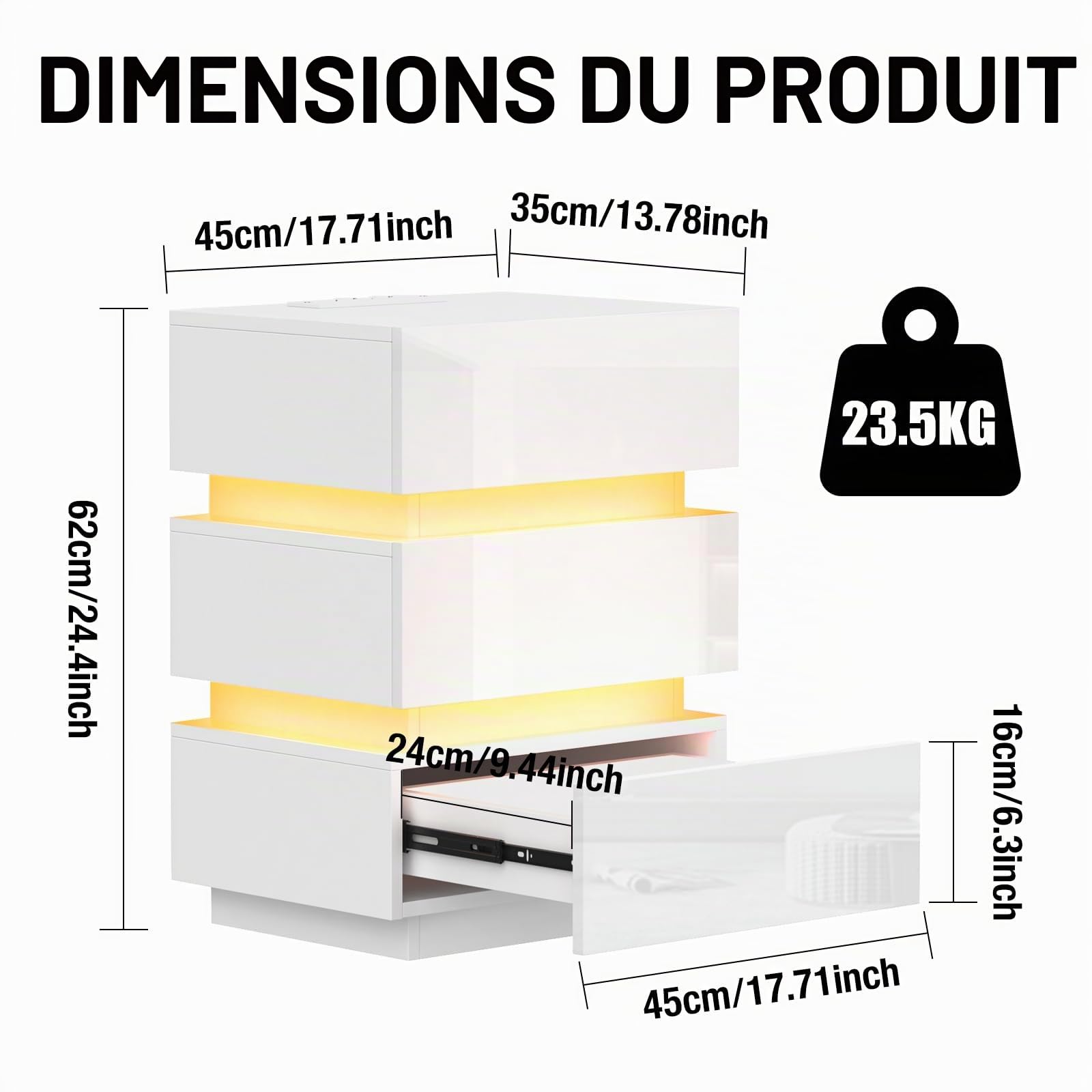 Table de Chevet, Table de Nuit LED avec 3 Tiroirs, Table de Chevet avec Prise Intégrée, Table d'Appoint Moderne, Table de Nuit Blanche pour Chambre à Coucher ou Salon. (Blanc, 62x35x45cm)
