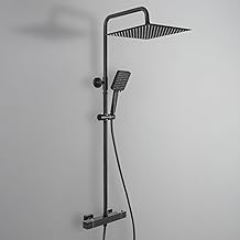 DERW Thermostatic Shower Mixer Set with 12" Square Rainfall Shower Head(304 Stainless Steel), 6 Modes Square Shower Head with Rotating Bracket, Anti-Leak Hose, Anti-Scald,Easy Install (Black)