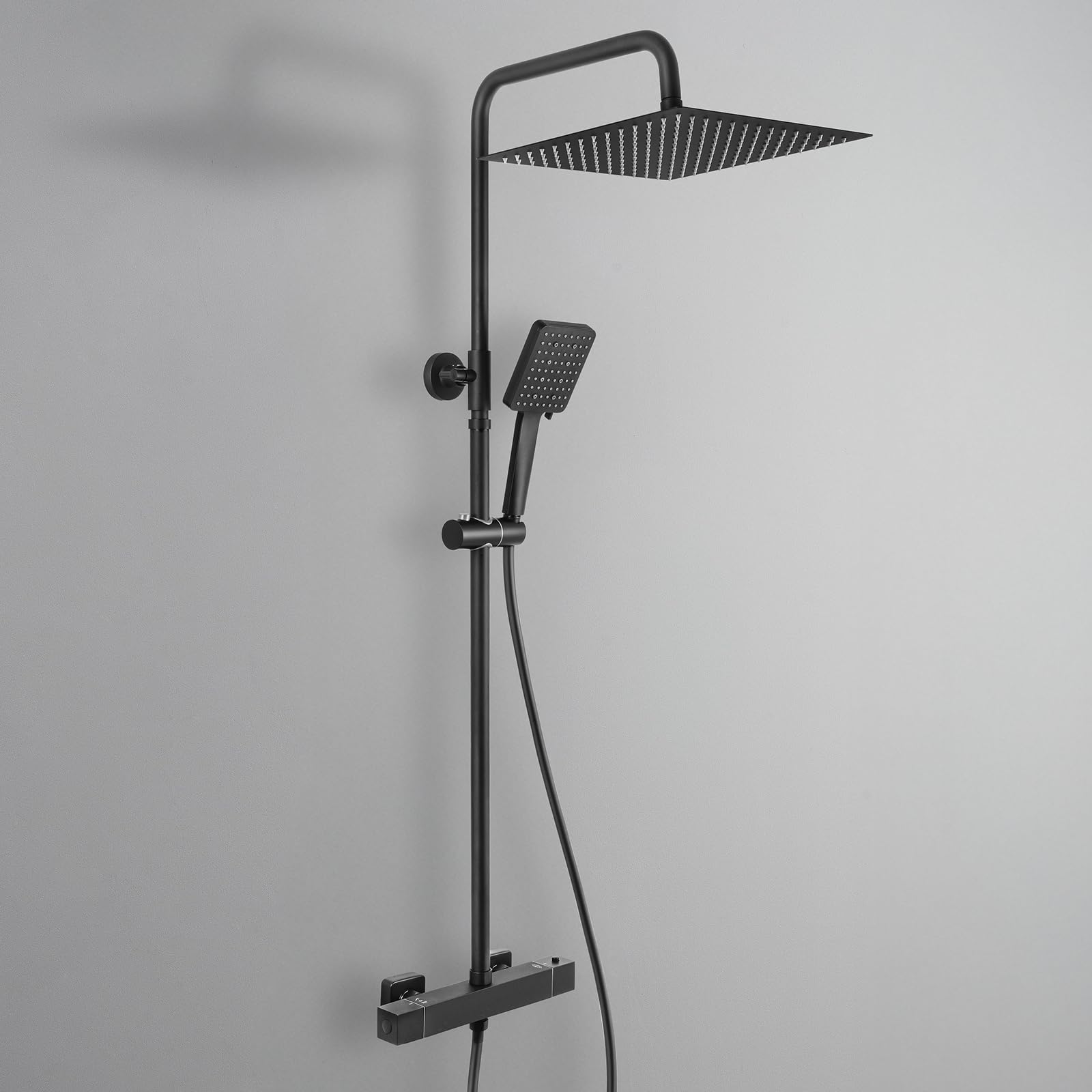 DERW Thermostatic Shower Mixer Set with 12" Square Rainfall Shower Head(304 Stainless Steel), 6 Modes Square Shower Head with Rotating Bracket, Anti-Leak Hose, Anti-Scald,Easy Install (Black)