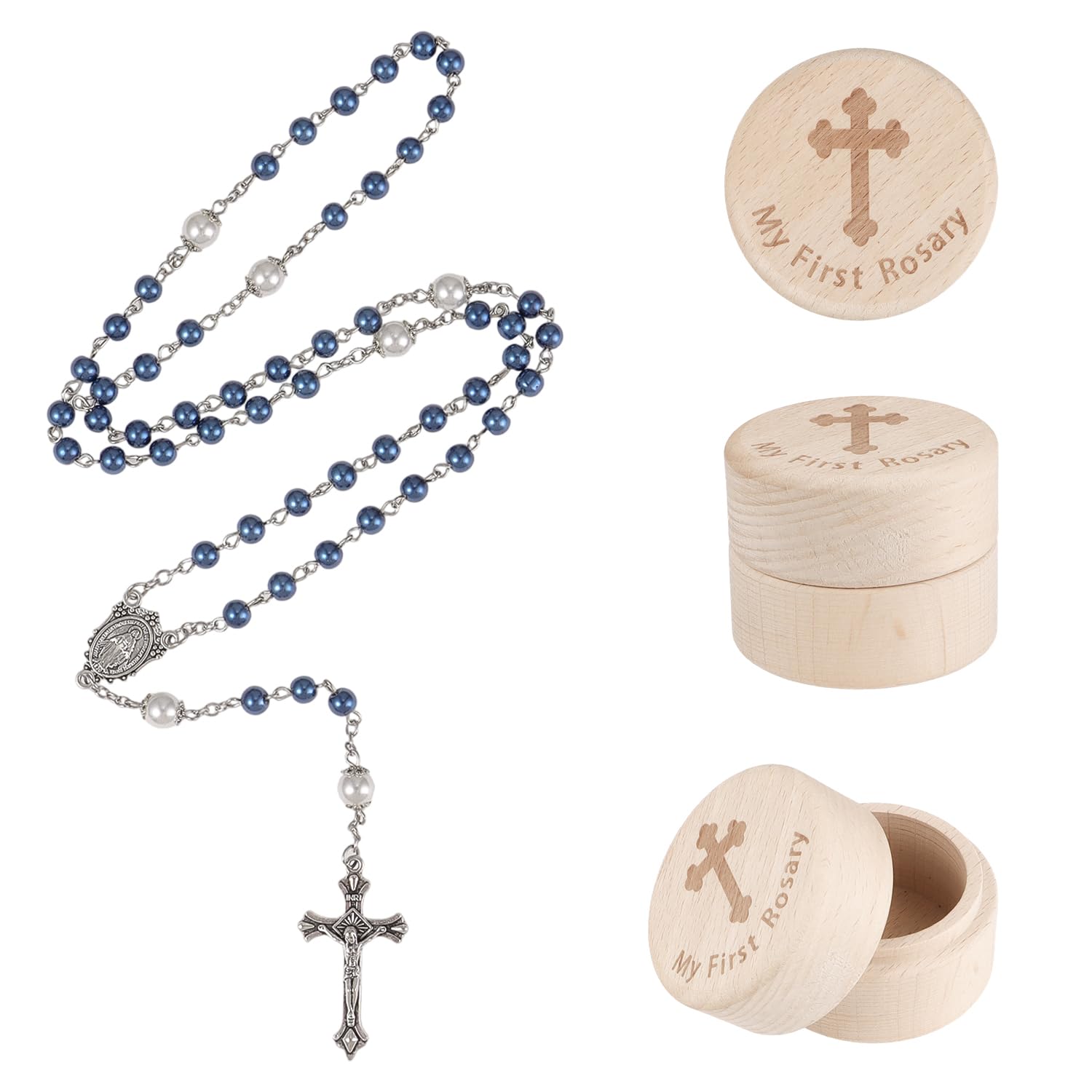 My First Rosary Baptism Gifts Rosary Catholic Keepsake Box for Baby Shower First Communion Christian Beads Gifting Set (Blue)