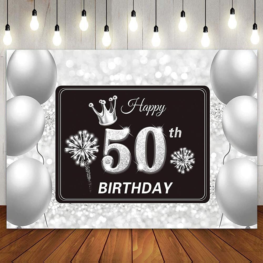 Happy 50th Birthday Srebrny Brokat Bokeh dla Kobiet Mężczyzn Impreza Tło Baner Po Booth Diament Balon Cekin