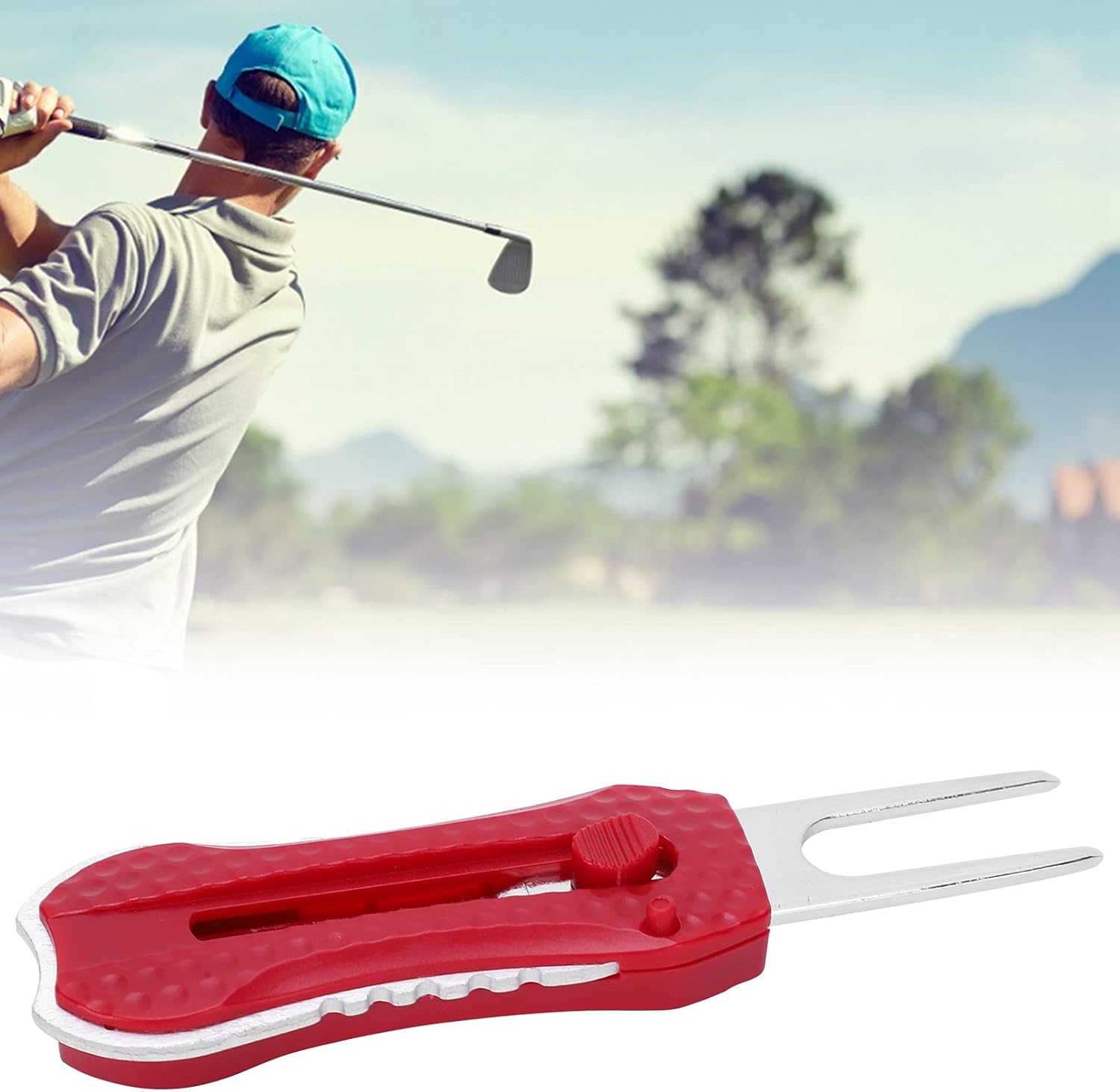 review 1 Pieces PE Plastic &Stainless Steel Fork Foldable Golf Divot Tool with Pop-up Button & Magnetic Ball Marker (Red,Blue)