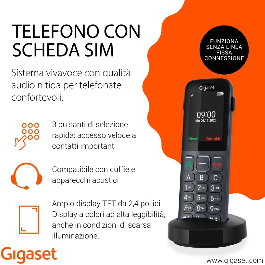 Gigaset Comfort 600 SIM - 4G Volte HD Telefono con display a colori da 2,4",compatibile con apparecchi acustici,grande memoria per 500 contatti, compatibile con DE, IT, FR, NL, BE, Che, AUT, antracite