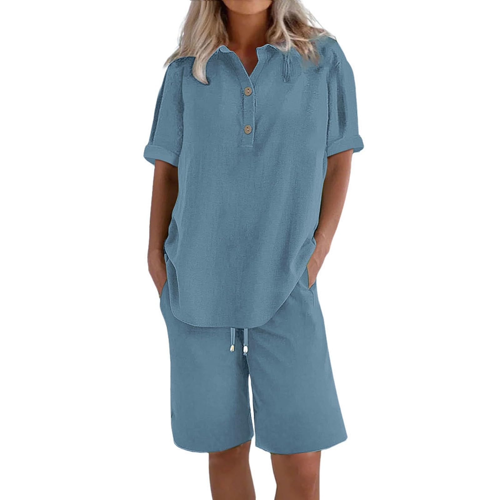 riou Chándal Mujer Completo Verano Original Moda Algodon Y Lino Conjunto 2 piezas Ligero Chándal Camisa + Pantalones Corto Pierna Ancha Transpirable Pijama Para Casual Fitness Running Jogging