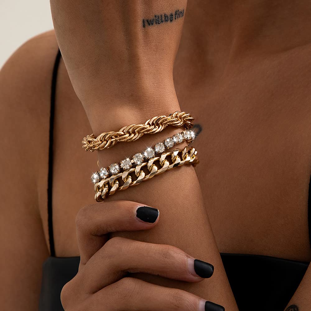 Juego de 15 pulseras doradas para mujer, pulseras abiertas apilables de múltiples capas, cadena de eslabones cubanos ajustables, delicadas joyas estéticas clásicas 3