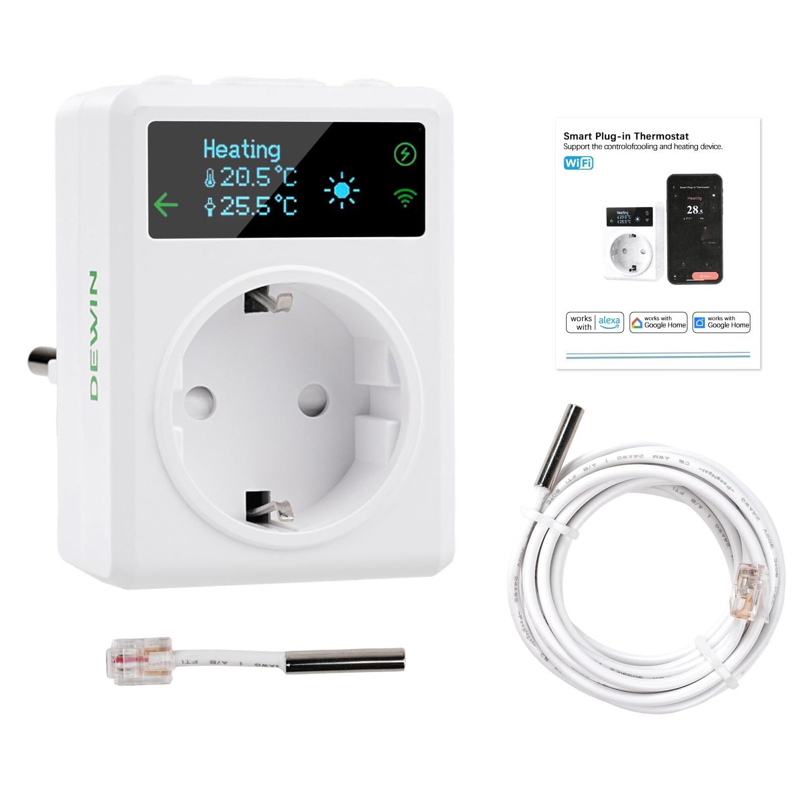 DEWIN Inteligente Enchufe de Termostato con Sonda, 2.4GHz WiFi Controlador de Temperatura de termostato de Enchufe 220V 16A Calefacción y Refrigeración Compatible con Control Remoto y Control por Voz