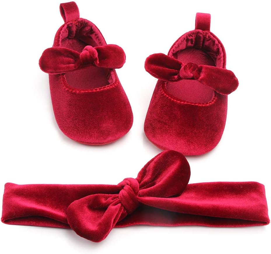 Baby Girls Princess Bowknot Shoes Soft Cloth Sole Velvet Cloth Crib Shoes+Cute Headband 2pcs Accessary (Red, 11), As Shown in the Figure