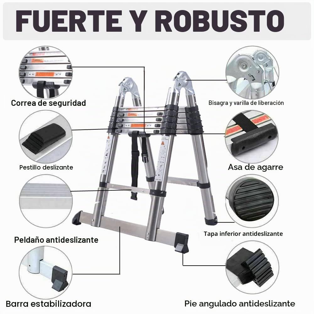 Escalera telescópica extensible de 2,5 + 2,5 m, robusta de acero inoxidable, marco en A, sistema de cierre suave, escalera de pie con estabilizador, 6 + 6 peldaños, 330 LB/150 kg, capacidad de carga