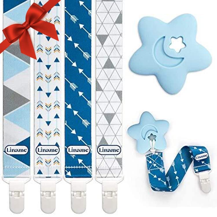 Liname Neutral Pacifier Clip with Teething Toy - 4 Pack Pacifier Clips for Boys & Girls - Binky Holder Soothie Paci Clip Binkie Clip - Unisex Pacifer