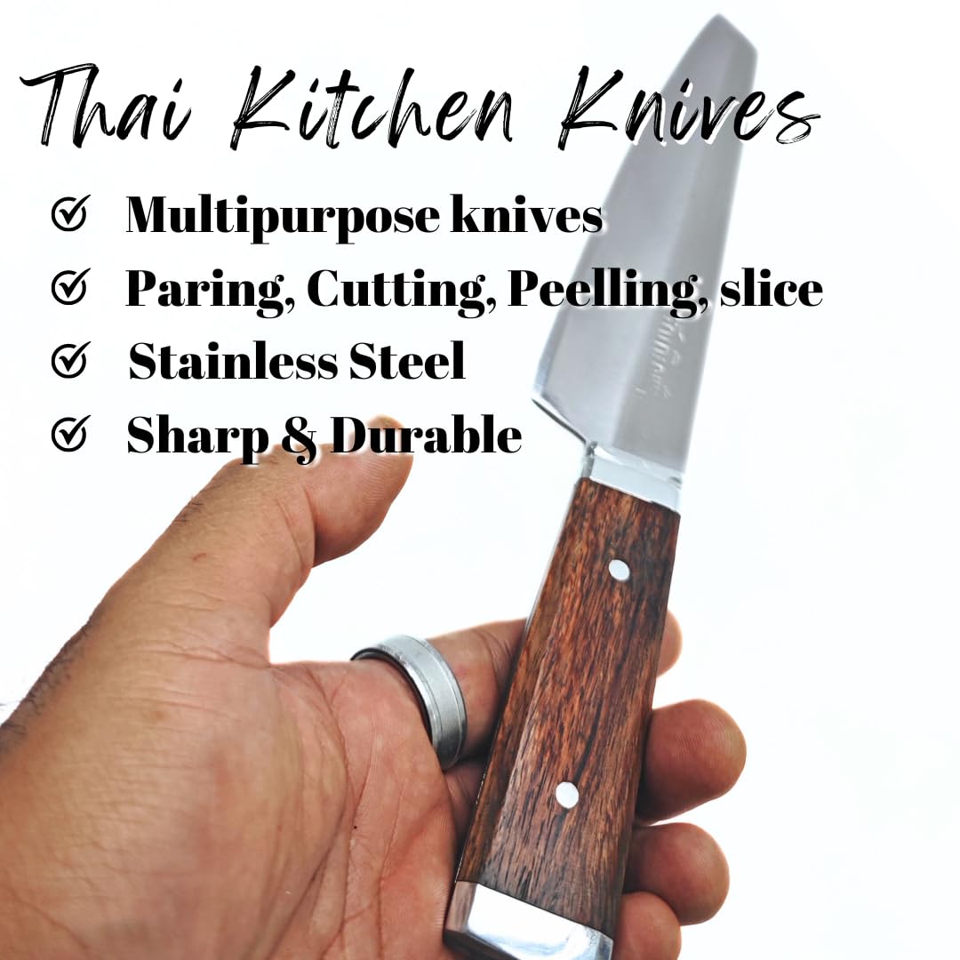 Thai Kitchen Knife, multi-purpose knives filleting cut chop paring peel slices, Handcrafted by Aranyik Village, Stainless Steel, Wood handle (Pairing Knife (rounded end), 7 inches Blade)