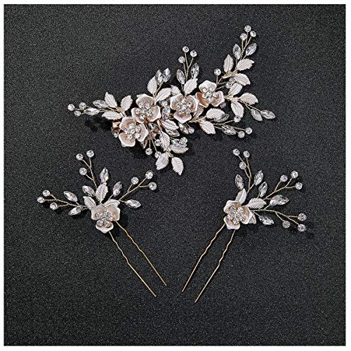 SWEETV Wedding Hair Comb With 2Pcs Wedding Hair Pins,Wedding Hair Accessories for Brides Bridesmaid,Rose Gold