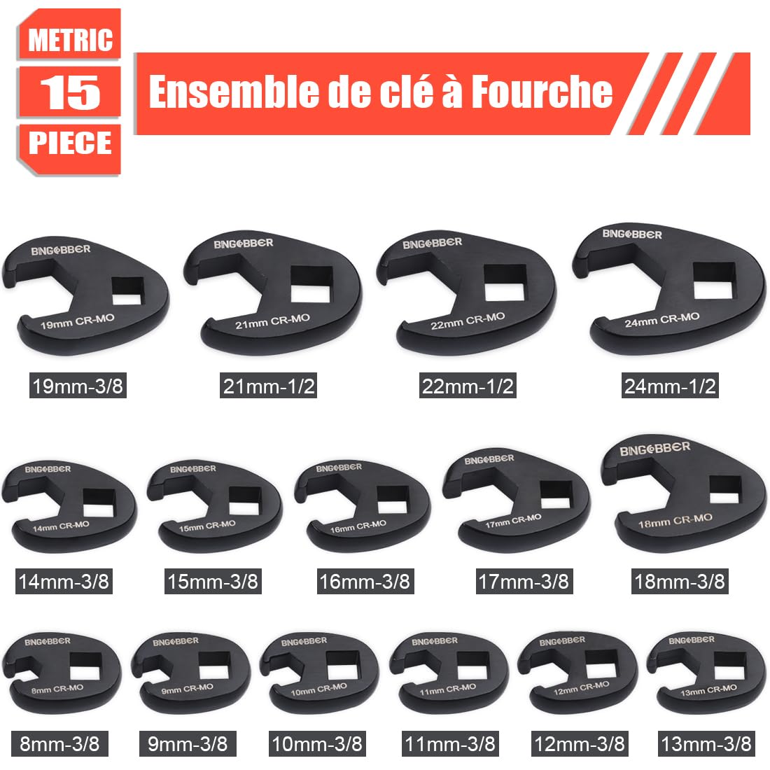 15 PCS Ensemble de clé à Fourche à emmancher Métrique 1/2 3/8" | Coffret de douilles à tuyauter,clé à écrou évasé,8-24mm