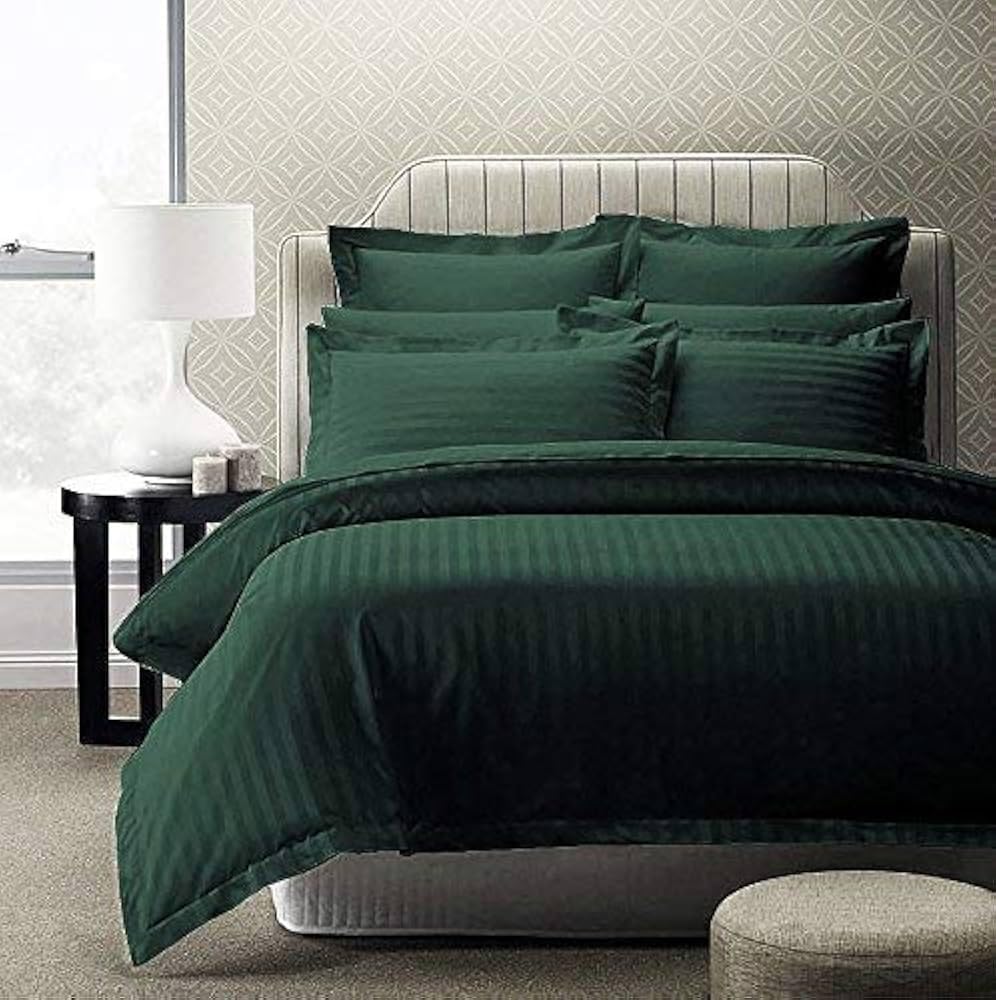 DECOR2ADMIRE 300TC Pure Cotton Plain Stripe King Size Double Bedsheet for Double Bed with Two Pillow Covers (Super King, Dark Green) (108 * 108 Inches)