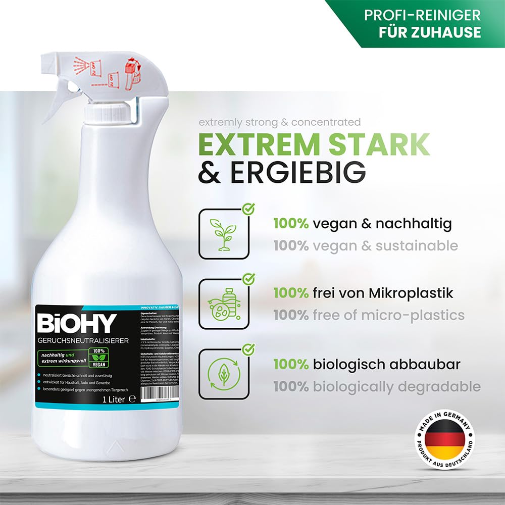 BiOHY Neutralizator zapachów (butelka 1l) | Niezwykle wydajny eliminator zapachów i odświeżacz powietrza | Przeciw nieprzyjemnym zapachom w domu i samochodzie (Geruchsneutralisierer)