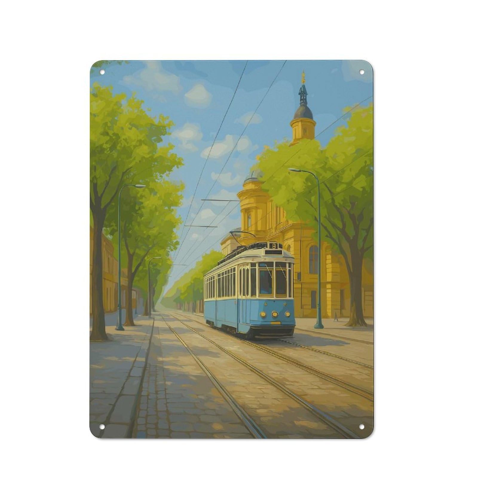 Junmoney Blue Tram In Cityscape Painting Vintage Retro Metal Sign 40X30cm, Vintage Wall Decor For Kitchen, Hallway, Bar Or Small Cafe
