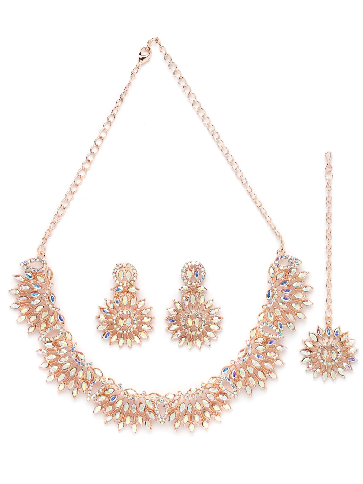 Sukkhi Beauteous Rose Gold Plated Rainbow Stones Collar Bone Necklace Set With Earring And Maangtika | Jewellery Set For Women (NS104993) (B0CBB9X6M3) Amazon Price History, Amazon Price Tracker