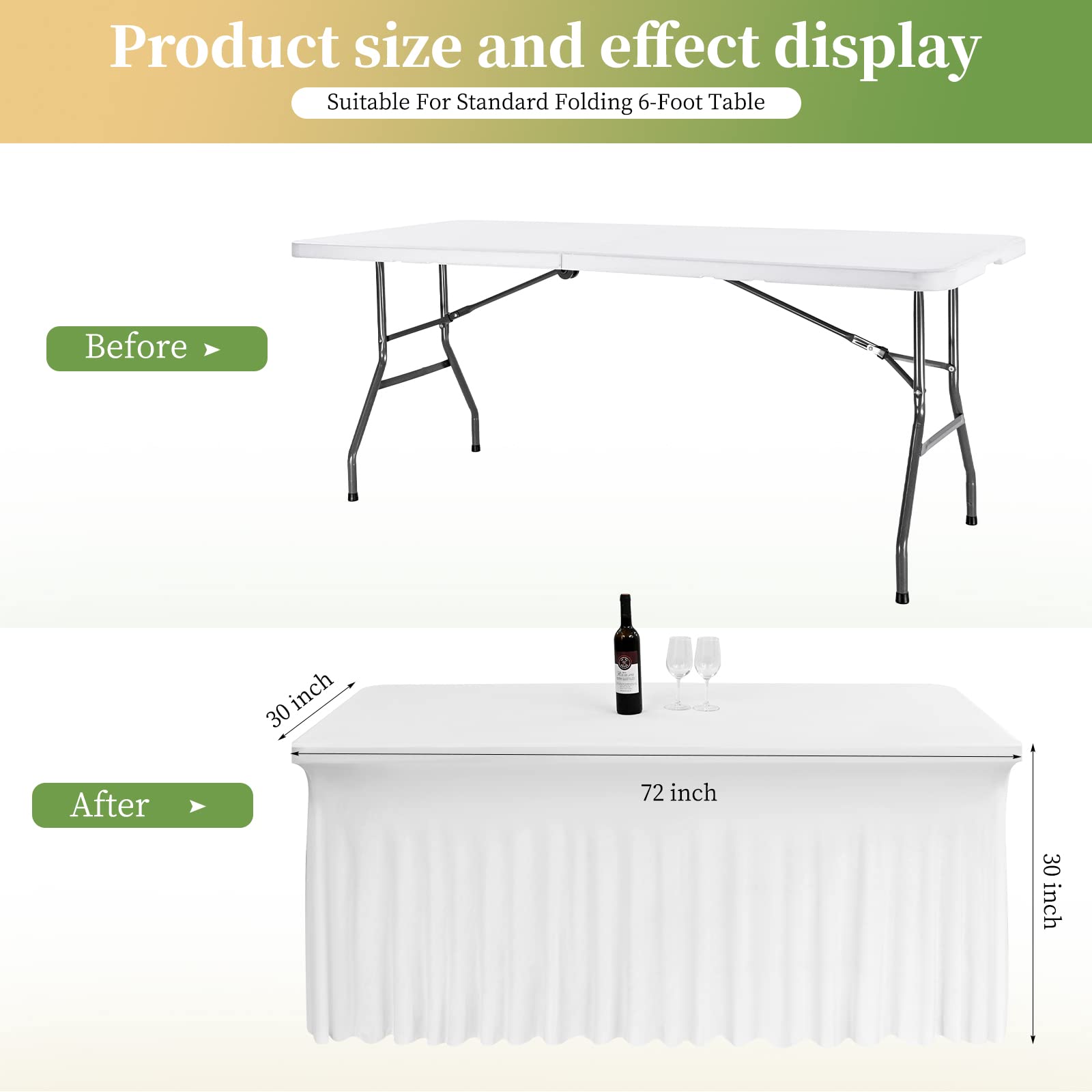 Pack de 4 Faldas de Mesa Ajustadas de Elastano Blanco, Mantel con Falda Lavable Resistente a Arrugas para Mesas Rectangulares de 6 Pies, Cubremesa con Drapeados Ondulados para Bodas, Banquetes
