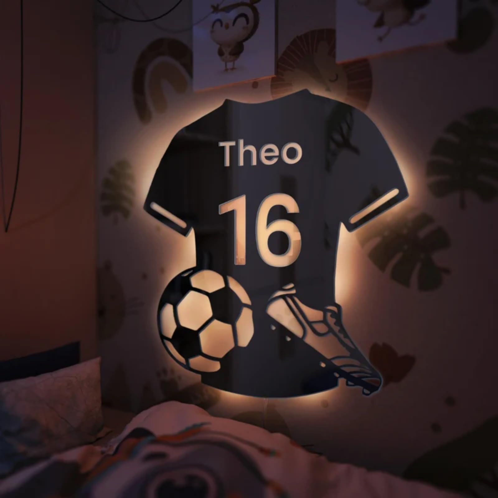 Specchio luminoso personalizzato jersey da calcio pannello nome luminoso decorazione da parete regalo di Natale, compleanno bambini, papà, dilettanti calcio (37 x 42 cm)