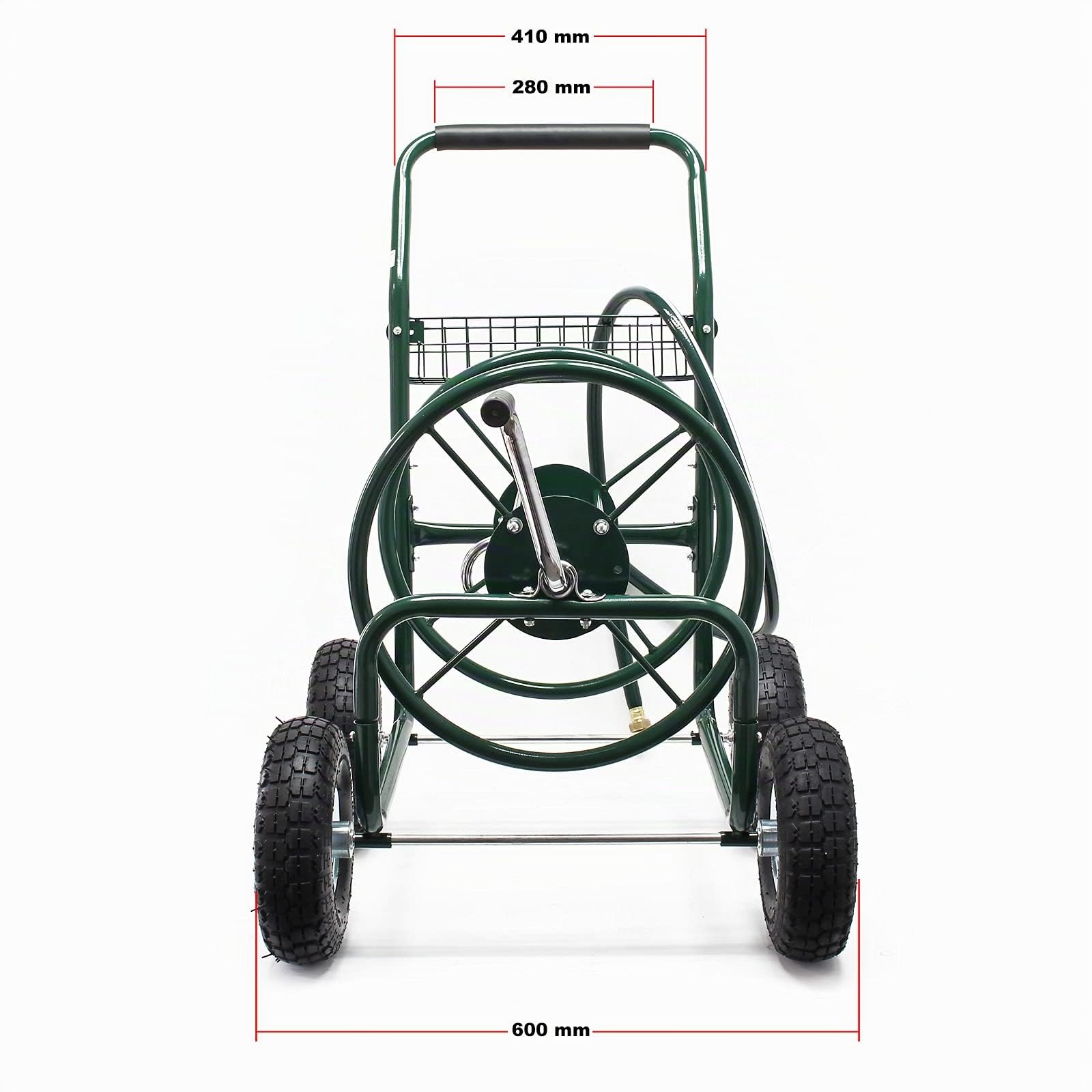 Wiltec Carrello avvolgitubo da giardino con manovella, tubo non incluso, per tubi da 16mm (5/8″) lunghi max 76m, ruote 25cm