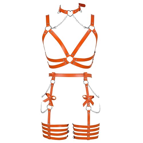 BANSSGOTH Womens Harness Leather Body Chain Bowknot Lingerie Garter Belts Set Hollow Out Christmas Dance Fashion Clothing