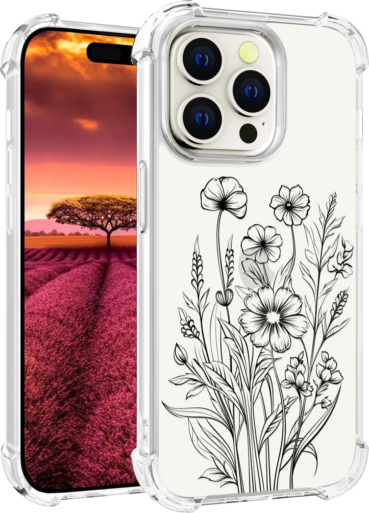 Topgraph Compatible with iPhone 15 Pro Case Cute Clear for Women,Cool Transparent Silicone Phone Cases Cover - Black Flowers Line Art