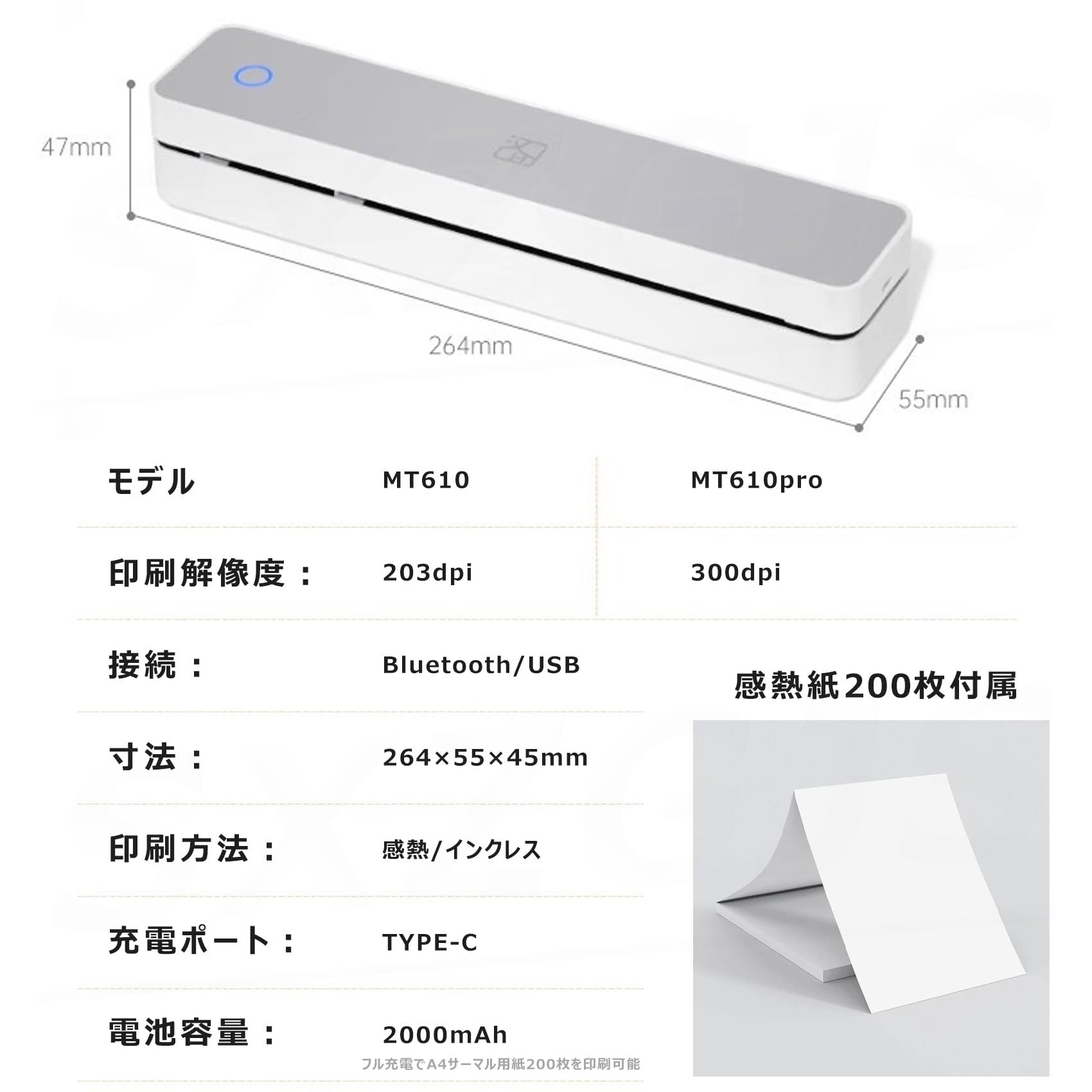 Amazon.co.jp: プリンター 小型 ポータブルプリンター 感熱紙200枚付き