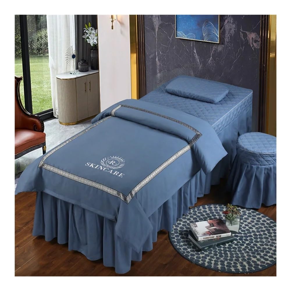 Uyfrd Blue 4Pcs Beauty Salon Bed Cover Massage Spa Bedskirt, Pillowcase, Stoolcover, Dulvet Cover Beddings Sets Sabanas(,180X60)