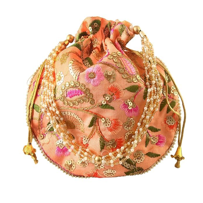 Rajasthani Style Royal Clutch Silk Batwa Potli Bag with Pearl Handle & Floral Embroidery | Traditional Drawstring Wristlet Purse for Women | Wedding, Bridal, Festive Gifting-image-42
